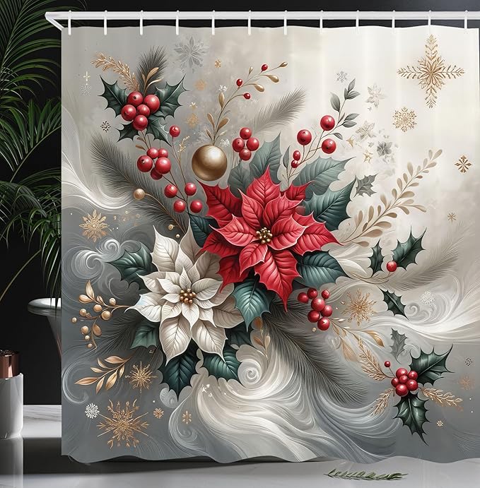 Ambesonne Christmas Shower Curtain, Delicate Poinsettia Flowers and Toyon Xmas Berries with Feathers, Cloth Fabric Bathroom Decor Set with Hooks, 69" W x 70" L, Slate Blue and Dark Coral