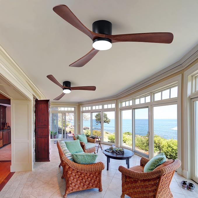 52" Flush Mount Ceiling Fan with Lights Remote Control, 3 Blades Wood Ceiling Fans, Quiet Reversible DC Motor, 6-Speed, Timer, Modern Ceilingfans for Low Profile, Walnut and Matte Black