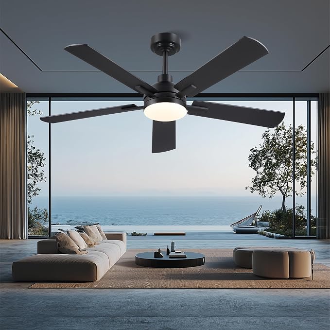 JSAITEE Ceiling Fans with Lights and Remote, 46" Black Low Profile Fan Light-Flush Mount with 5 Reversible Blades,6 Wind Speeds 3CCT Dimmable, Indoor Light Fixture for Bedroom