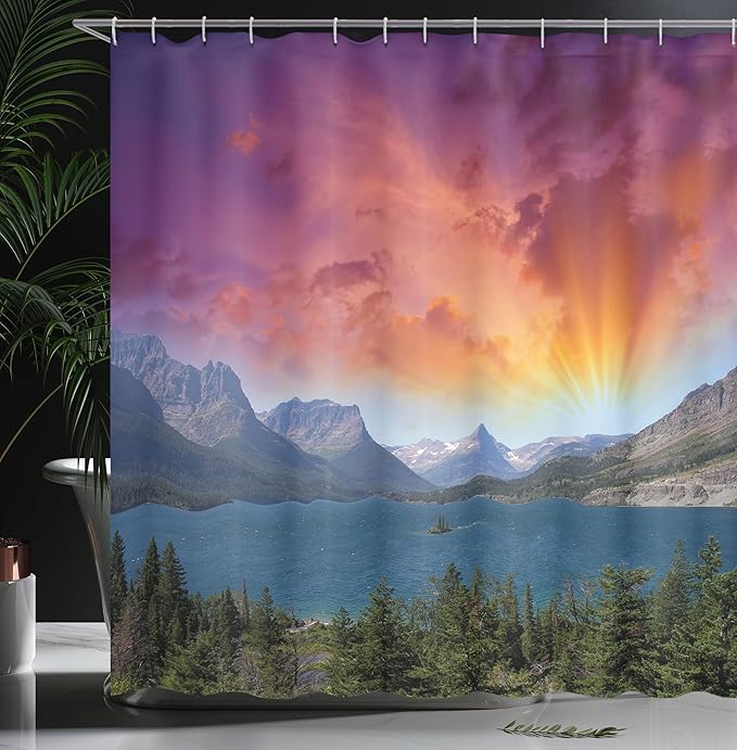 Ambesonne Yosemite Shower Curtain, Dramatic Colorful Sky Over Yosemite National Parks Mountain Lake View Picture, Cloth Fabric Bathroom Decor Set with Hooks, 69" W x 70" L, Purple