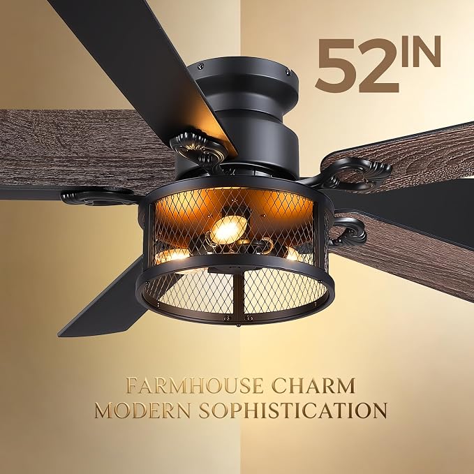 JSAITEE 52in Flush Mount Farmhouse Ceiling Fan with Lights, Caged | Low Profile Fan Light with E12 Base(Bulbs Not Included), 6 Speeds Adjustable&Timer, Rustic Lighting Fan for Indoor/Outdoor