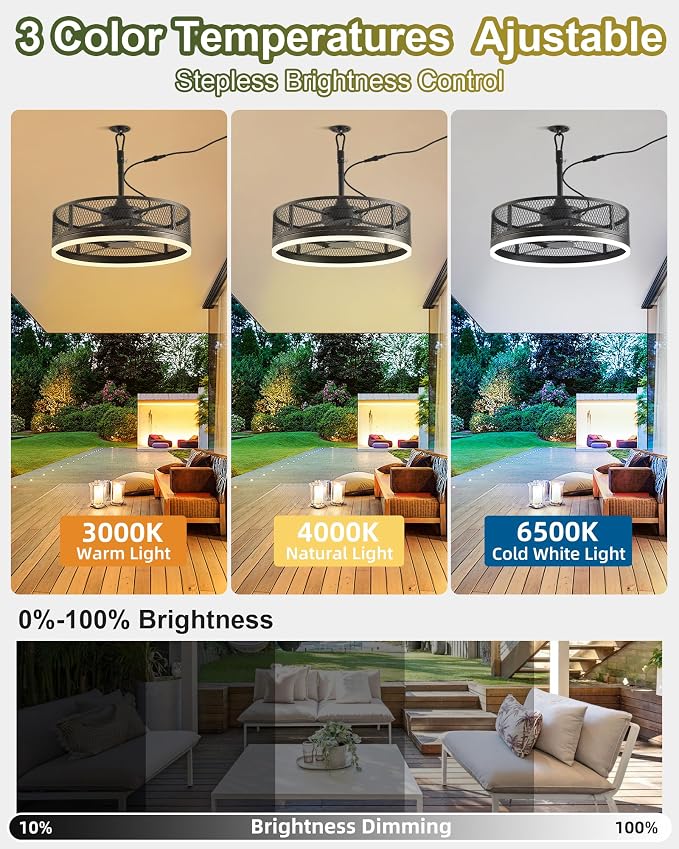 20'' Outdoor Ceiling Fan with Light, IP65 Waterproof Gazebo Hanging Fan, Remote Control, 3CCT, 6-Speed, Plug-in Caged Ceiling Fan for Patio Porch Pergola, Works with Alexa & Google Assistant