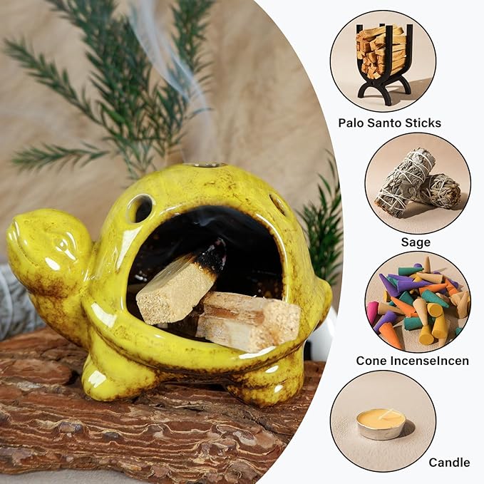 Mougigi Yellow Ceramic Turtle Palo Santo Burner Holder-Mini Chiminea Incense Dish for Burning Smudge Sticks、Sage、Aromatic Santos、 Incense Cones Fits Altar &Zen Spaces,Unique Gift for Friends & Family