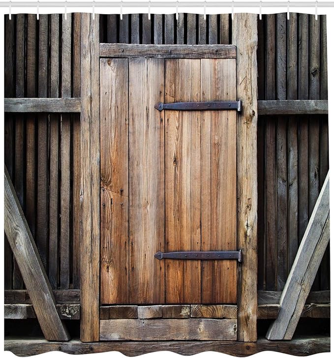 Ambesonne Antique Shower Curtain, Rustic Antique Wooden Door Exterior Facades Rural Barn Timber Weathered Display, Cloth Fabric Bathroom Decor Set with Hooks, 69" W x 84" L, Brown Orange