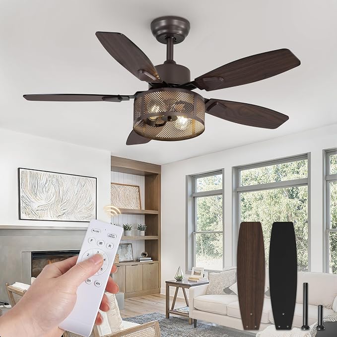 Fanbulous Farmhouse Oil Bronze Ceiling Fans with Lights and Remote, 42 Inch Bedroom Caged Ceiling Fans for Living Room Kitchen，6 Speed Reversible Quiet DC Motor, Dual Finish 5 Blades