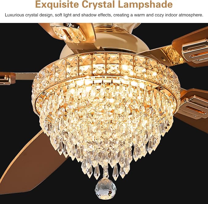 Crystal Ceiling Fan Fandelier with Lights-Ceiling Fans,50" Low Profile and Remote Control, Flush Mount, Reversible, Dimmable, Noiseless, Gold Ceiling Fan for Bedroom