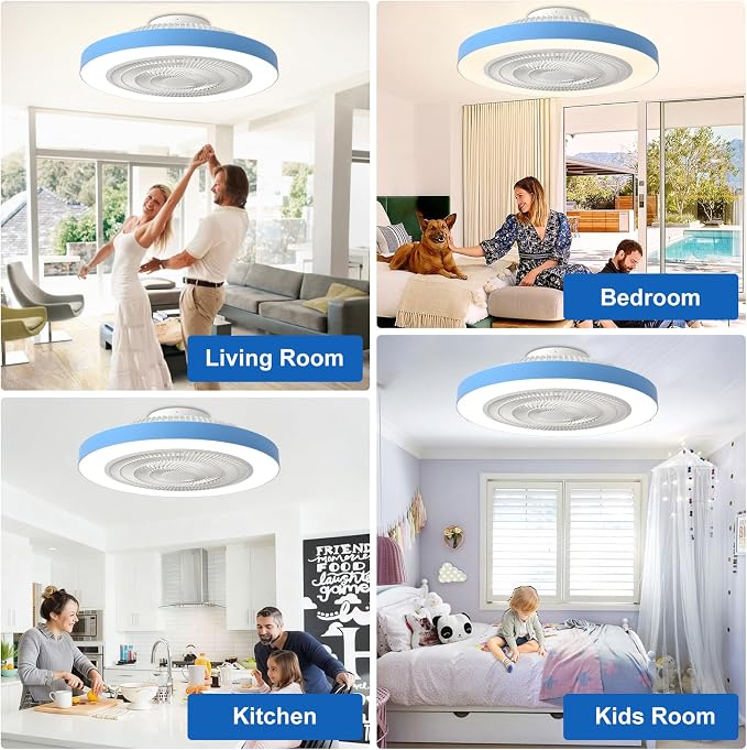 Depuley Modern Ceiling Fan with Light: 19" LED Flush Mount Low Profile Ceiling Fans with Remote & Smart APP Control - Blue Bladeless Fandelier Dimmable Quiet DC Motor for Bedroom Kids Room 6 Speeds