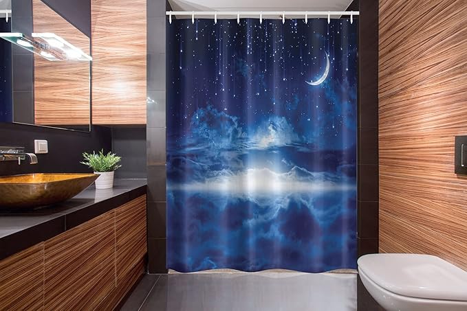 Ambesonne Fantasy Stall Shower Curtain, Night Sky with Moon Falling Stars Clouds Horizon Mysterious Space Art, Fabric Bathroom Decor Set with Hooks, 54" W x 78" L, Navy Blue and White