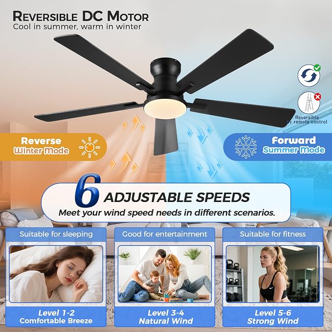 Ayaoty Ceiling Fans with Lights,52 Inch Black Low Profile Ceiling Fan with Light and Remote/APP Control-Flush Mount Dimmable, Quiet DC Motor for Outdoor Patio, Garage,Bedroom