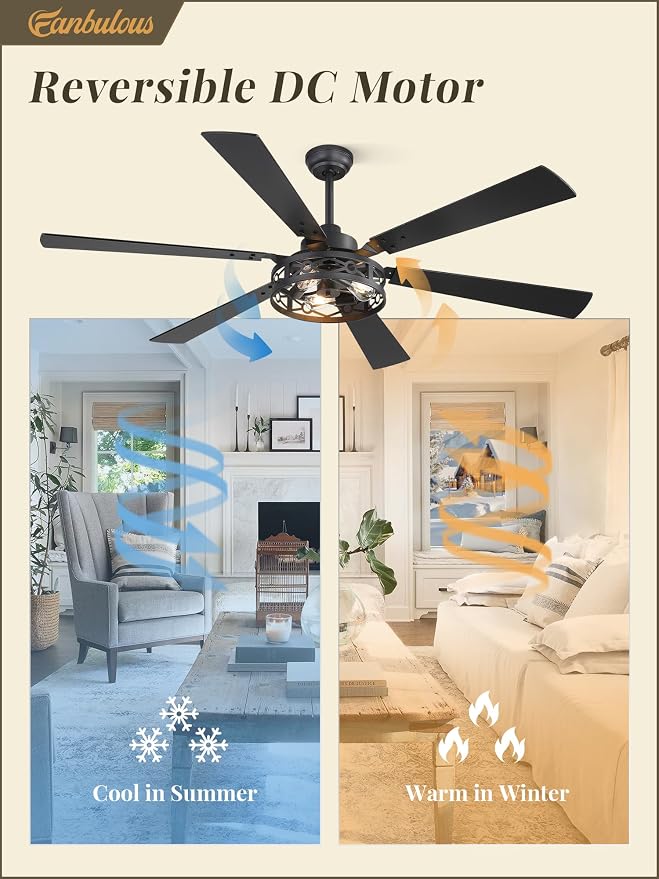 Fanbulous 65 Inch Ceiling Fan with Lights, Farmhouse Caged Ceiling Fans with Remote, Black Industrial Ceiling Fans with Quiet Reversible DC Motor, Large Ceiling Fan for Living room, Bedroom