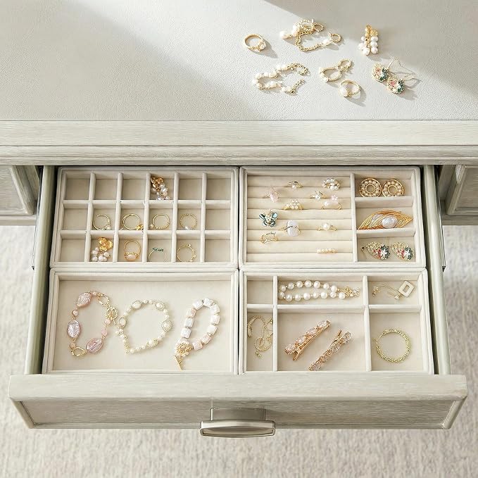 Elsjoy 8 Pack Velvet Jewelry Trays, Stackable Jewelry Organizer Trays for Drawers, Beige Jewelry Storage and Display Tray Inserts for Necklaces, Rings, Earrings