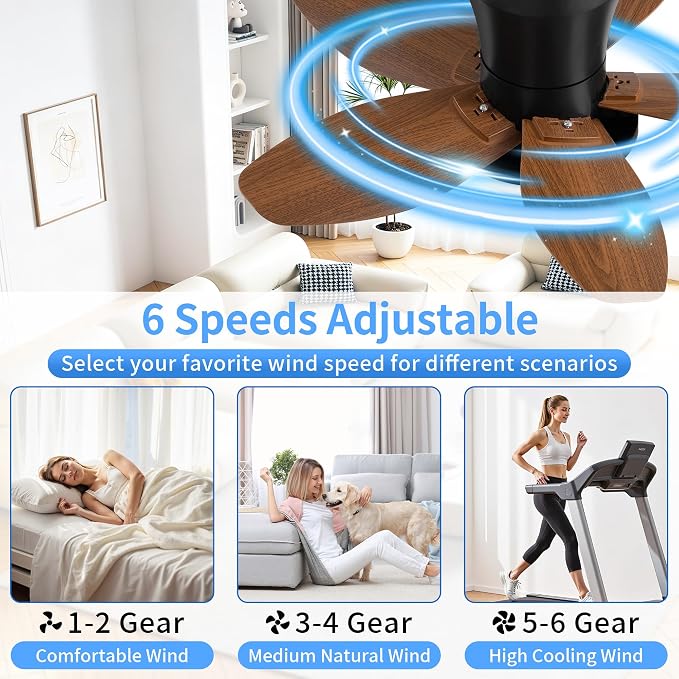 25" Small Ceiling Fans with Lights & Remote,Flush Mount Reversible 6 Speeds | 5 Blades, Adjustable Color Temperature, Dimmable, Timer, Low Noise for Bedroom, Kitchen, Study, Laundry Room, Brown