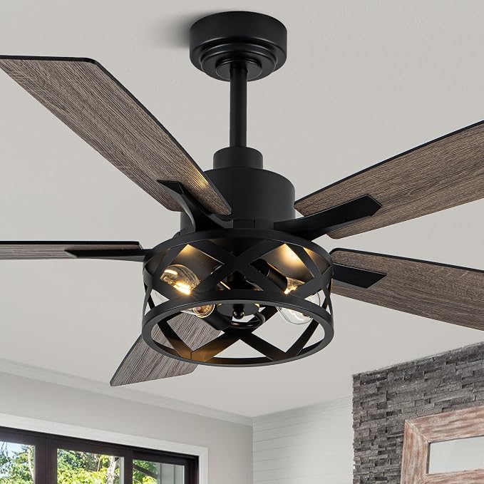 52" Farmhouse Ceiling Fan with Lights and Remote Control | Reversible DC Motor,5 Double Finish Wood Blades,Caged Rustic Ceiling Fan with Light for Bedroom,Living Room,Dining Room