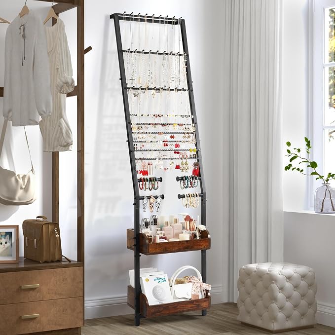 Keebofly Jewelry Holder Organizer, Large Jewelry Organizer with Necklace Holder Earring Storage, Floor Hanging Jewelry Stand with Display for Earring Necklace Ring Bracelet Watch