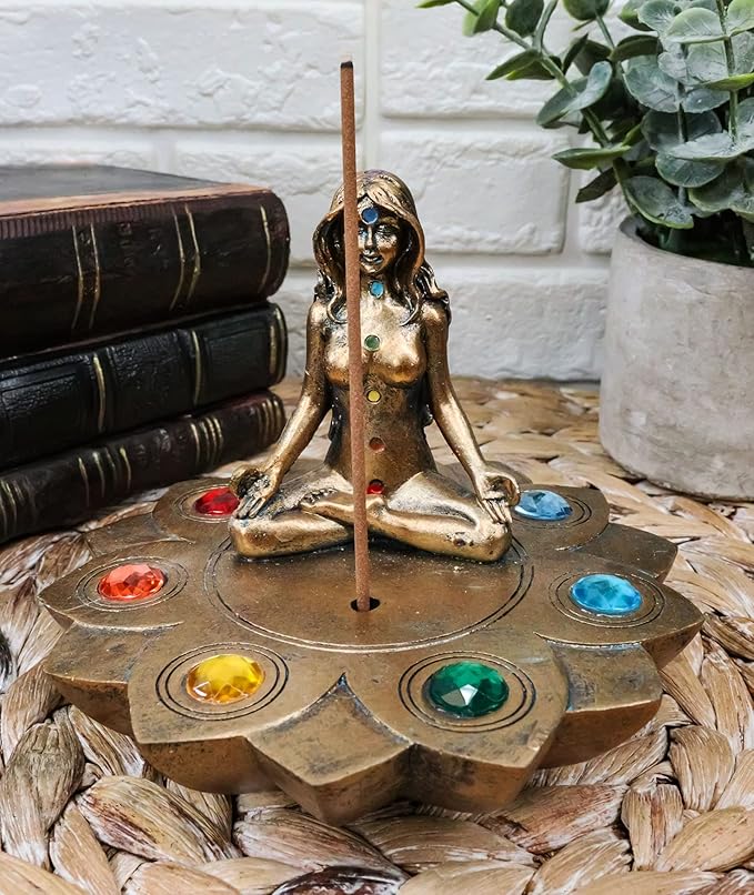 Ebros Gift Sacred Moon Feminine Triple Goddess Yoga Meditation with Chakra Zone Color Beads Lotus Flower Incense Stick Holder Burner Figurine Zen Feng Shui Vastu Home Fragrance Tabletop Altar Decor