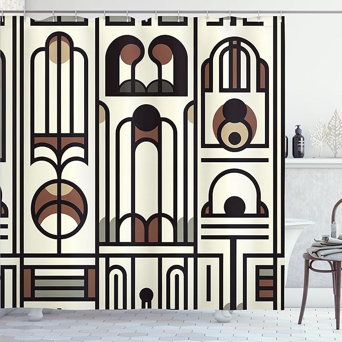 Ambesonne Modern Shower Curtain, Art Abstract Design of Arch Lines and Mid Century Round Details Geometric, Cloth Fabric Bathroom Decor Set with Hooks, 69" W x 75" L, Eggshell Caramel Grey