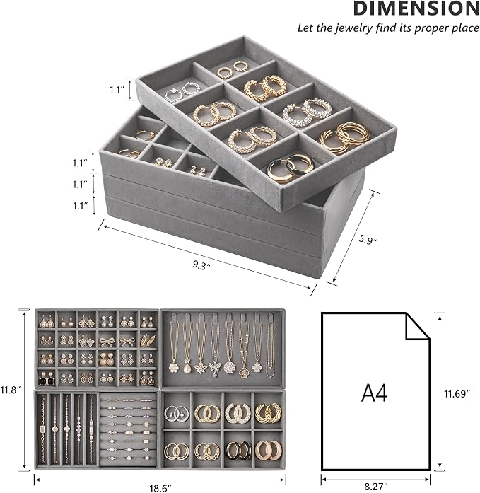 Jewelry Organizer for Drawer, Velvet Jewelry Drawer Organizer Inserts, 4-Layer Grey Stackable Jewelry Trays for Rings Earrings Necklaces Bracelets with Removable Dividers for Dresser Vanity