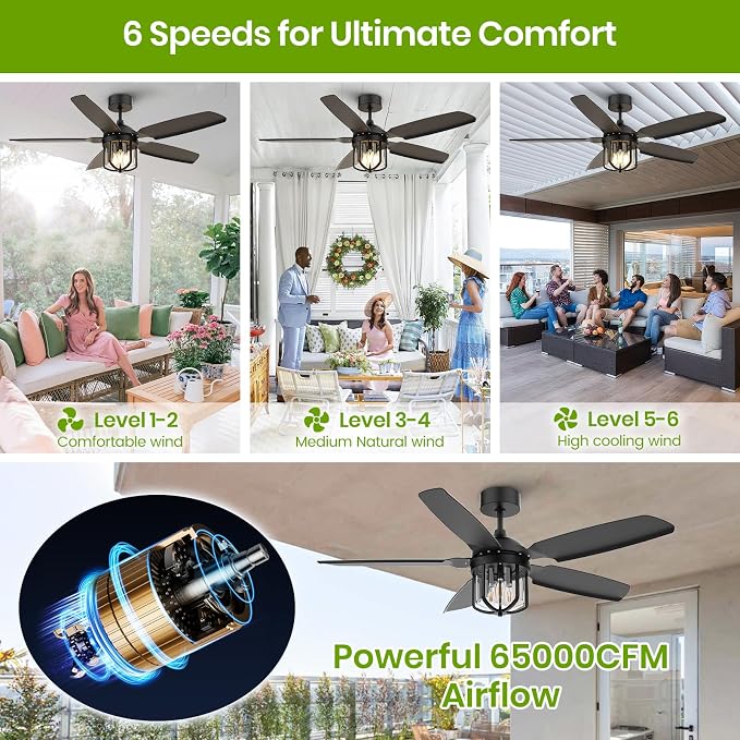 52 Inch Outdoor Ceiling Fans with Lights for Patios, IP65 Waterproof Ceiling Fan with Remote and 6-Speed DC Motor, Gazebo Ceiling Fan for Porch Pavilion Farmhouse Black (Included 3pcs Bulb)