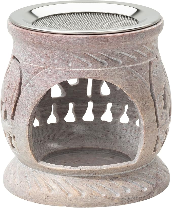 Soapstone Incense Burner with Strainer | 3.34 Inch Height & 3.15 Inch Diameter | Handmade Natural Stone Incense Holder for Gentle Aromatherapy with Tea Light | Decorative Meditation Accessory