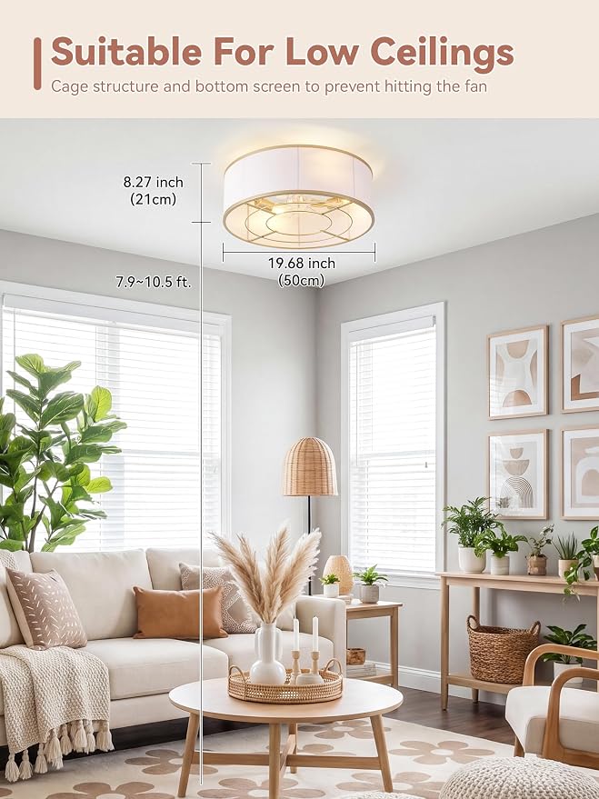 Low Profile Ceiling Fans with Lights, 20" Gold Boho Ceiling Fan with Light Flush Mount and Remote Control, Drum Caged with 6 Speeds for Bedroom, Nursery, Living Room