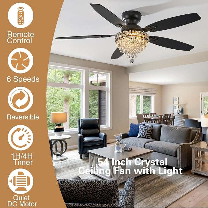 Crystal Ceiling Fan Fandelier with Lights-Ceiling Fans with Lights,54" Low Profile and Remote Control, Flush Mount, Reversible, Dimmable, Noiseless, Black Ceiling Fan for Bedroom