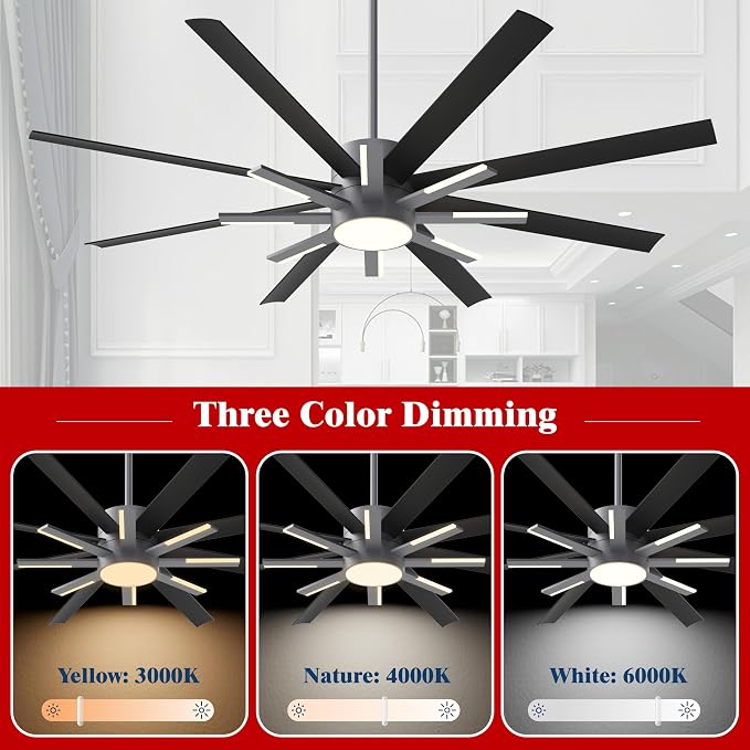 72 inch Black Ceiling Fans with Lights and Remote, Modern Large Ceiling Fan for Living Room Bedroom Patio，6 Speed Reversible，8 Blades and 9 Lights，3 CCT，Black Gray
