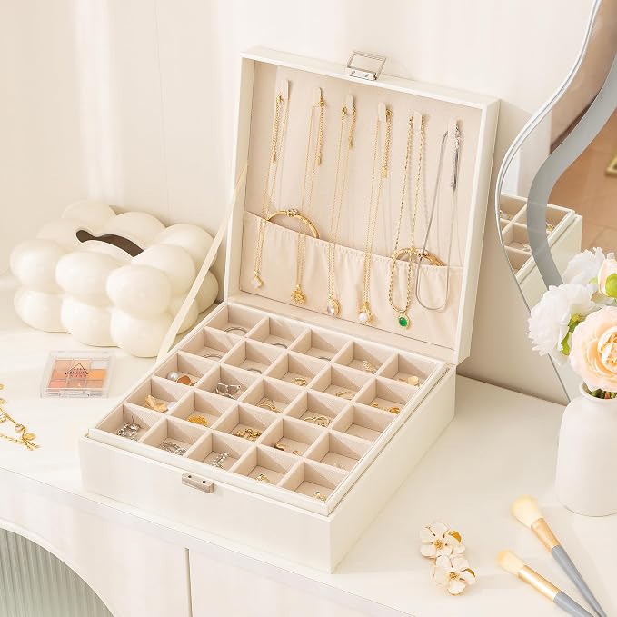 Frebeauty 50 Grid Earring Holder Organizer,2 Layer Jewelry Box for Women | Faux Leather,Velvet Lining,Adjustable Divider,Jewelry Organizer for Ring Necklace and Bracelet,for Home Use and Jewelry Store