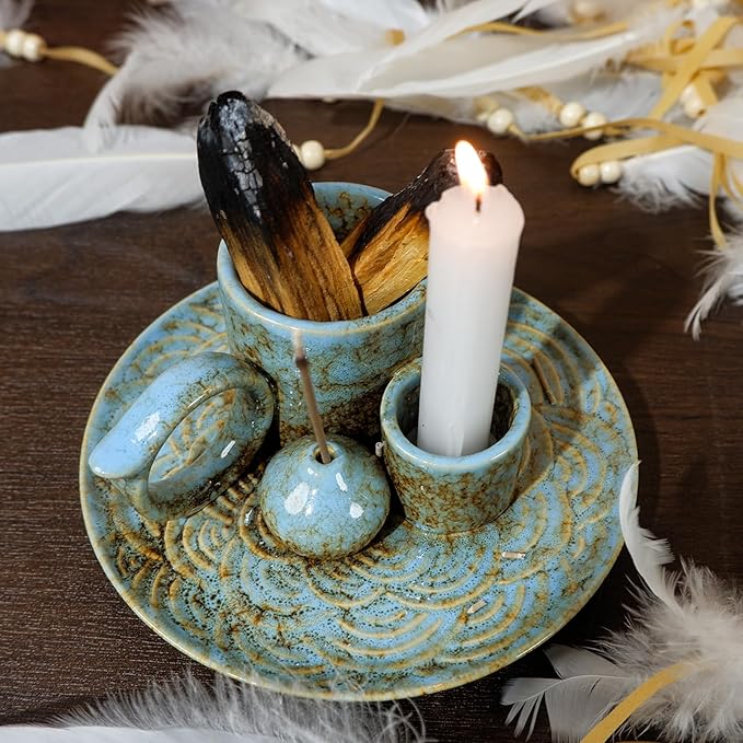 MOUGIGI 5-in-1 Ceramic Palo Santo Burner Holder Blue -Small Candle Holder & Smudge Burning Tray Bowl,Fits Incense Sticks/Cones, Sage.Zen Altar for Meditation Room, Aromatic Scents, Matches Compatible