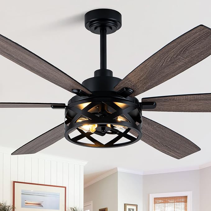 Dawn Whisper 60 Inch Farmhouse Ceiling Fans with Lights and Remote Large Black Caged Rustic Chandelier Ceiling Fan for Bedroom Living Room Quiet and Reversible DC Motor 6 Speeds