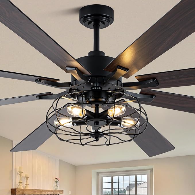 72" Farmhouse Ceiling Fan with Light Industrial Caged Ceiling Fan | Large Rustic Fandelier, Black Metal Chandelier Light for Living Room Covered Outdoor, 5 E26 Bulbs (Not Included), 6 Speeds