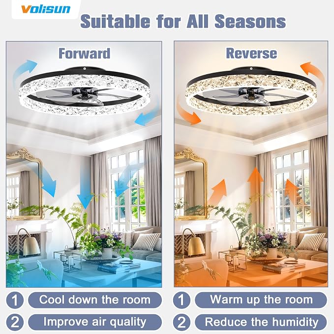 VOLISUN Fandelier Ceiling Fans with Light, 23.6in Low Profile Ceiling Fan with Light and Remote, 3000K-6500K Dimmable Bladeless Ceiling Fan Flush Mount, Black Modern Ceiling Fan with Light for Bedroom
