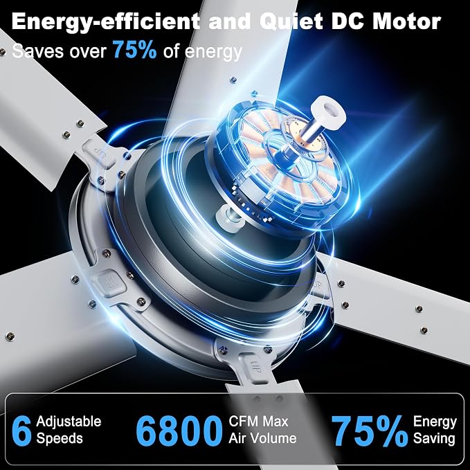 Ohniyou 60'' Industrial Ceiling Fan No Light for Patio, Garage, Silver | 6800 CFM Airflow, 35dB DC Motor, 5 Aluminum Blades, Remote/APP Control, Covered Outdoor Metal Fan