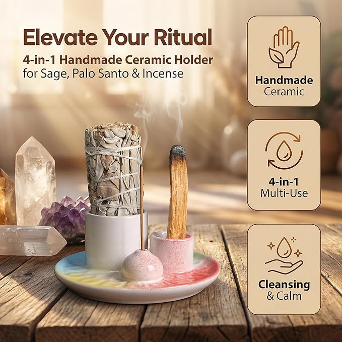Palo Santo Sticks Holder, Multi-Purpose Handmade Ceramic Incense Burner for Palo Santo Incense Sticks, Sage Holder for Burning, Ash Catcher Tray for Meditation Yoga Room-4 Mixed Colors