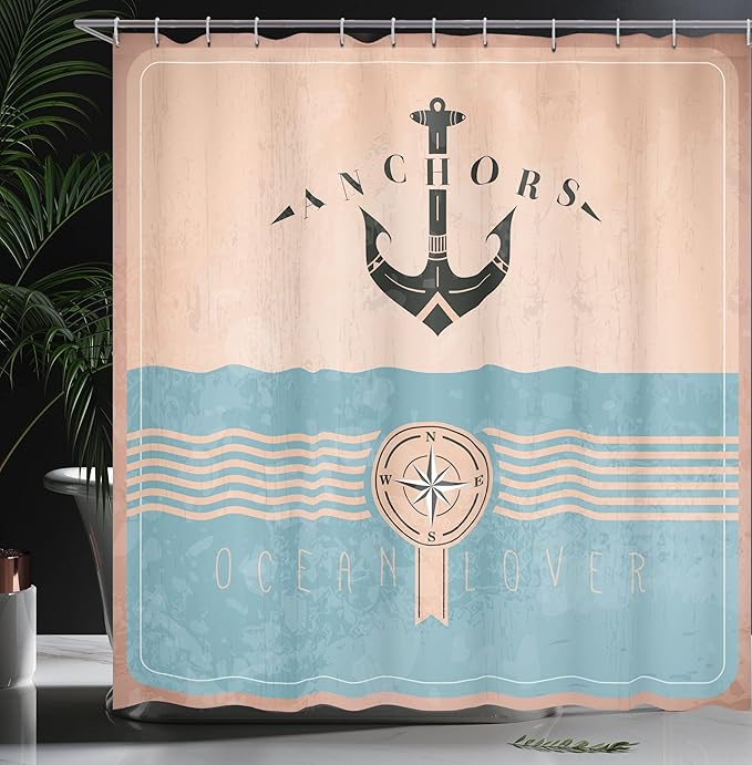 Ambesonne Nautical Shower Curtain, Vintage Marine Design for Ocean Lovers Anchor Compass and Stripes, Cloth Fabric Bathroom Decor Set with Hooks, 69" W x 70" L, Champagne