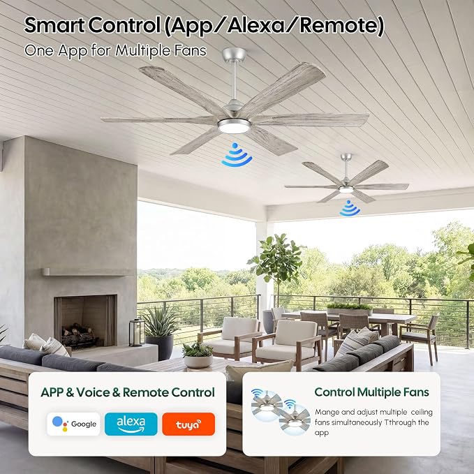 60 Inch Smart Outdoor Ceiling Fan with Light, Remote/Alexa/App Control, ETL Listed Quiet DC Motor, 8268 CFM High Airflow, 6 Modern Solid Wood Blades, for Indoor Living Room Bedroom, Covered Patio