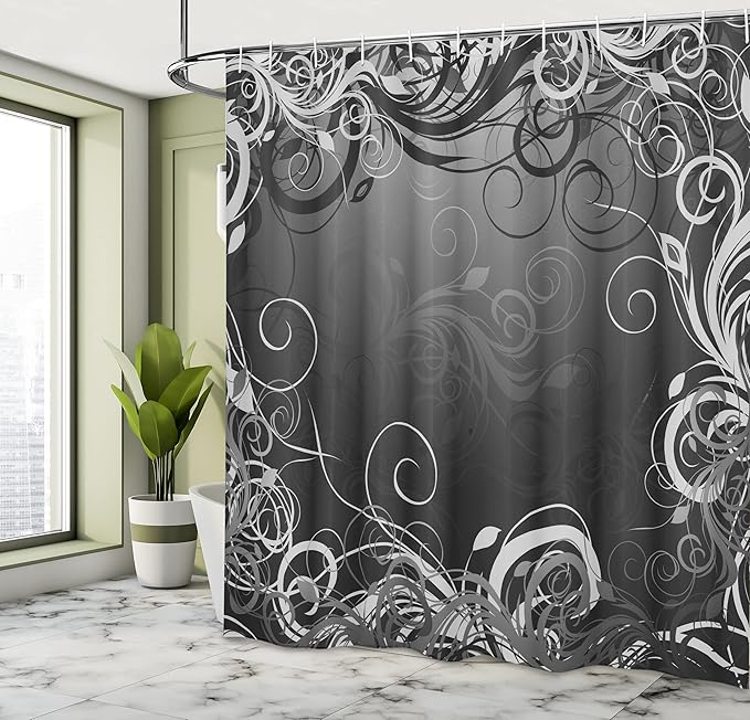 Ambesonne Abstract Shower Curtain, Mystic Forest Floral Swirls Leaves Nature Fading Ombre Effect Illustration, Cloth Fabric Bathroom Decor Set with Hooks, 69" W x 70" L, Dark Silver Grey