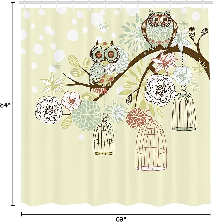 Ambesonne Owls Shower Curtain, Winter Floral Background Blossoms Owls Out of Their Cages Birdcage Freedom, Cloth Fabric Bathroom Decor Set with Hooks, 69" W x 84" L, Green Brown