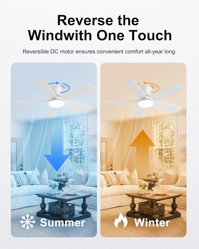 42 Inch Ceiling Fans with Lights, RGB Ceiling Fan with Light, App&Remote Control, Flush Mount Low Profile, Reversible, 3CCT, Dimmable LED, Noiseless, White Ceiling Fan for Bedroom