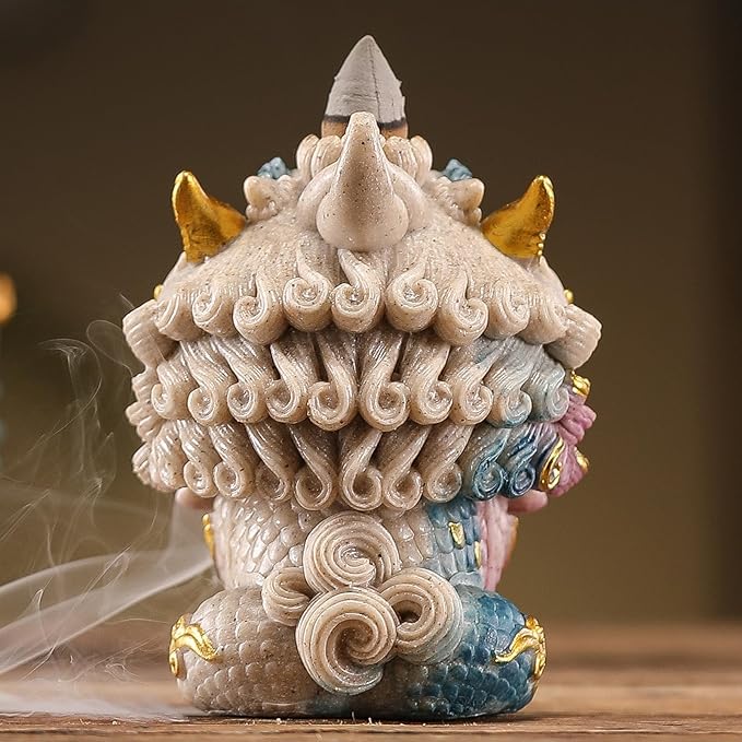 Backflow Incense Burner - Resin Tabletop Incense Holder for Cones, Fortune Dragon Statue Home Decor, Desktop Aromatherapy Ornament with Smoke Waterfall Effect for Living Room