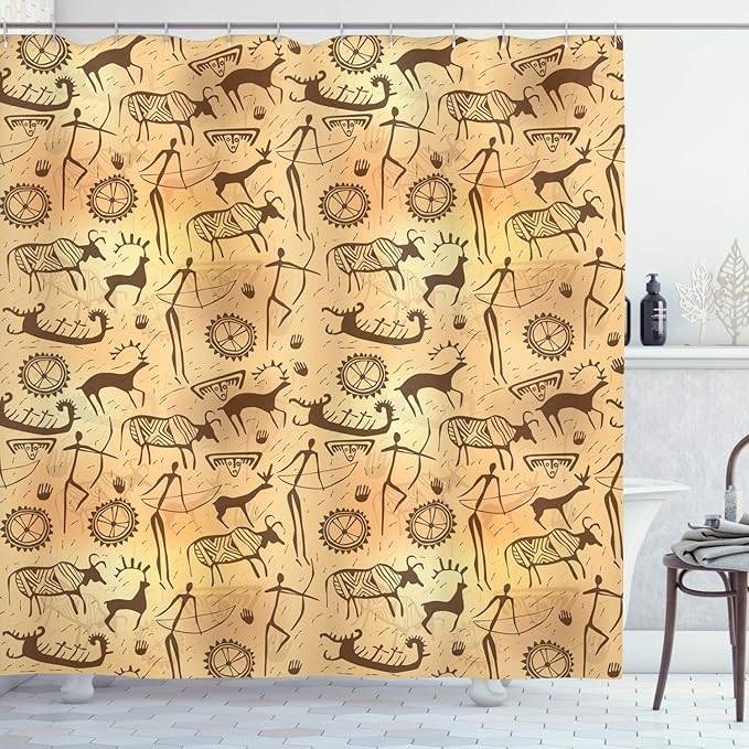 Ambesonne Prehistoric Shower Curtain, Dated Irregular Caveman Paint Forms with Bird and Cow Shape Early Modern Humans, Cloth Fabric Bathroom Decor Set with Hooks, 69" W x 70" L, Tan Brown