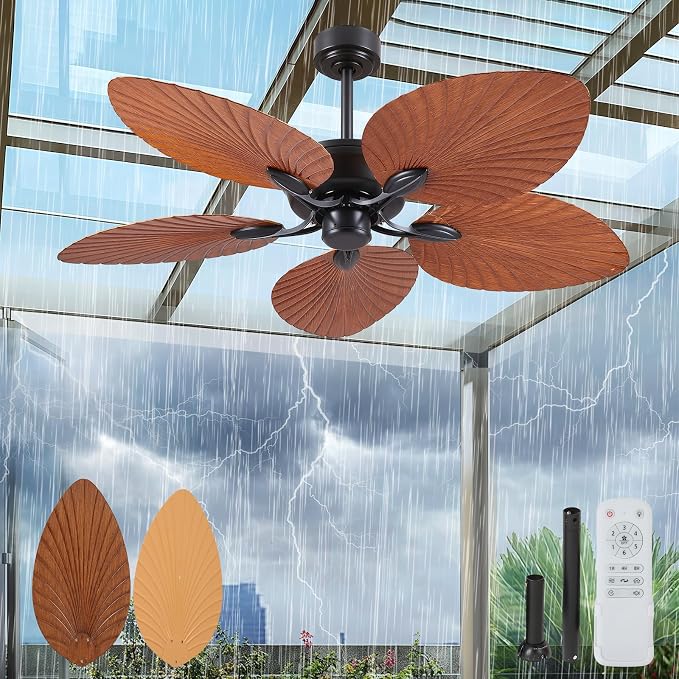 52 Inch Waterproof Outdoor Palm Leaf Ceiling Fans without Lights and Remote | IP44 Wet-rated,6 Wind Speeds, Reversible, 40W Quiet DC Motor,1/4/8H Timer,Suit for Patios Porch Gazebo Pergola