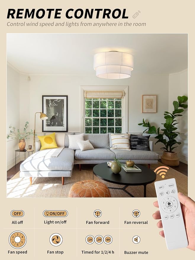 SYDACG Ceiling Fan with Lights Low Profile, 20" Flush Mount Boho Ceiling Fan with Light Remote Control, Bladeless Rattan 6 Speeds for Bedroom, Living Room, Nursery
