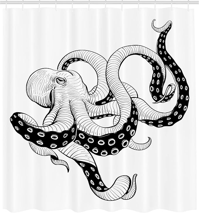 Ambesonne Octopus Shower Curtain, Octopus Vintage Style Illustration Kraken Sea Creature with Tentacles Nautical, Cloth Fabric Bathroom Decor Set with Hooks, 69" W x 84" L, White Charcoal