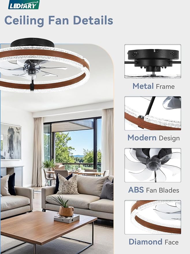 LEDIARY 20" Ceiling Fans with Lights and Remote, Low Profile Ceiling Fan with Light, 3000-6000K Dimmable Fandelier Ceiling Fans, Modern Flush Mount Fan Light for Bedroom with 6 Wind Speeds - Walnut