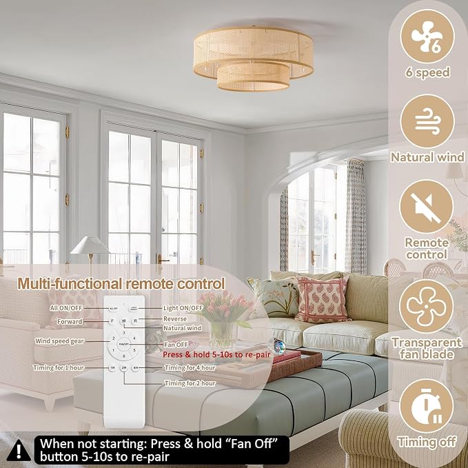 20'' Caged Ceiling Fans with Lights, Boho Flush Mount Ceiling Fan with Light, Rattan Bladeless with 6 Speeds, Low Profile Remote Control for Bedroom,Dining Room