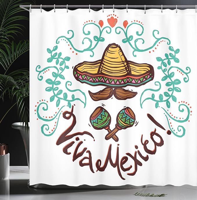 Ambesonne Mexican Shower Curtain, Mexico Style Sketch Floral Ornament Typography Design Hispanic Artwork, Cloth Fabric Bathroom Decor Set with Hooks, 69" W x 70" L, Seafoam Brown Orange