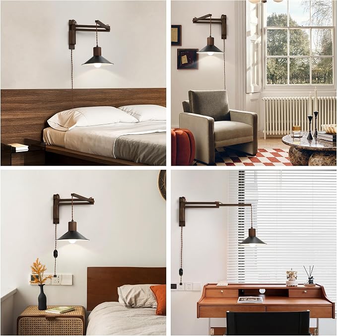 Wood Plug in Wall Sconces, Swing Arm Wall Lamp with Dimmable On Off Switch, 8.6 inch Vintage Wall Mounted Light Fixture with Cord for Bedroom Nightstand Bedside Reading Lamp - Bulb Included