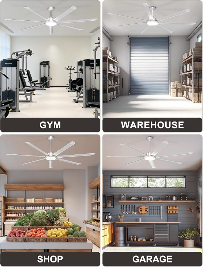 Ohniyou 84'' Industrial Ceiling Fan with Light for Shop, Garage, Silver | 11000 CFM Airflow, 7 Aluminum Blades, 3CCT, Remote/APP Control, 6 Speeds, Reverse Mode, Large Commercial Metal Fan for Gym