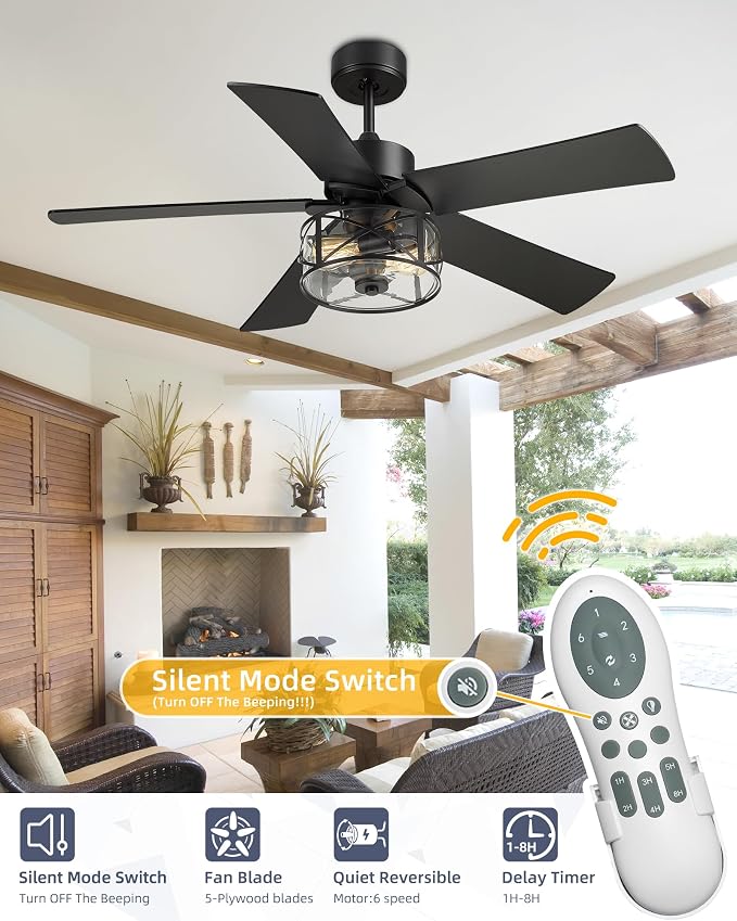 YOUKAIN 48 Inch Farmhouse Ceiling Fan with Light and Remote,Industrial Black Ceiling Fan with Glass Shade,5 Reversible Matte Black & Wood Blades,Quiet Indoor Ceiling Fan for Bedroom, 52-YJ632