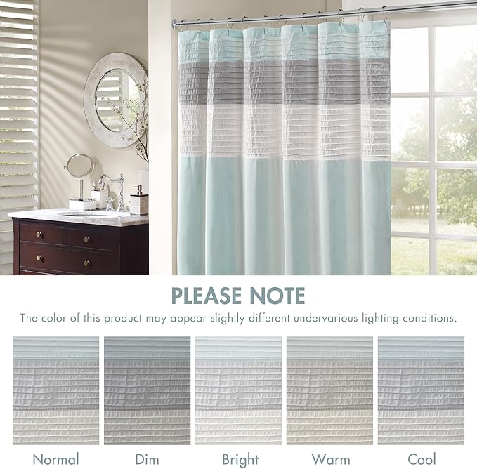 Madison Park Amherst Bathroom Shower Curtain Faux Silk Pieced Striped Modern Microfiber Bath Curtains, 72x72 Inches, Aqua